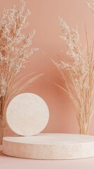 Poster - A serene setting features a round and circular podium against a soft peach backdrop. Surrounding the podium are delicate dried grasses, creating an inviting atmosphere for exhibitions or showcases