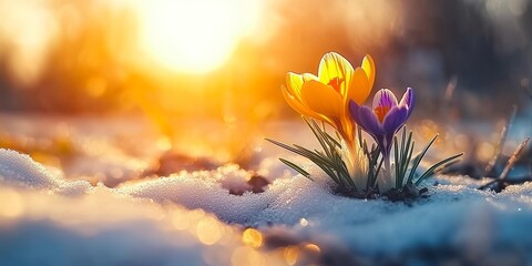 Yellow and Purple Crocuses Defy Winter s Chill, Blooming Through Melting Snow at Sunset