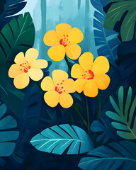 Wall Mural - A vibrant illustration of yellow flowers nestled among rich green leaves, creating a captivating visual of nature's beauty and serenity.