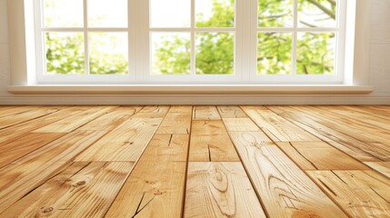 Poster - A bright room with wooden flooring and large windows, showcasing natural light and greenery outside.