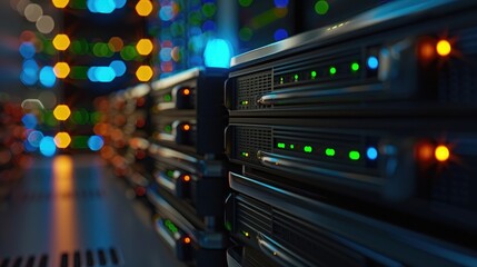 Poster - A close-up view of server racks with illuminated indicators, showcasing data center technology and vibrant lighting effects.
