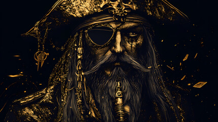 Wall Mural - Pirate captain, black background, fantasy and history concept. generative ai. Gilded Phantom Ships. Illustration