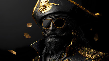 Wall Mural - Pirate captain, black background, fantasy and history concept. generative ai. Gilded Phantom Ships. Illustration