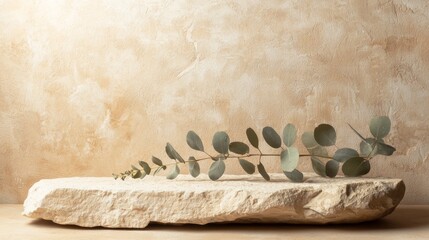 Poster - A sleek podium crafted from natural materials highlights a graceful eucalyptus stem, elegantly positioned against a textured, warm-toned backdrop, creating an inviting atmosphere for exhibitions