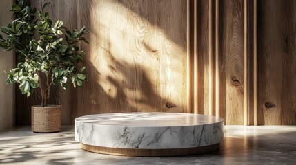 Poster - Soft sunlight filters through, casting gentle shadows on the luxurious stone marble pedestal. A lush green plant and warm wooden walls enhance the tranquil ambiance of this elegant indoor setting