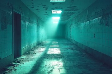 Poster - A dimly lit, eerie industrial passage or hallway, filled with wreckage and rubble following a crisis or disaster, with a somber tone