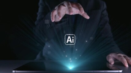 Poster - human interact with ai artificial intelligence brain processor in concept of ai artificial intellige