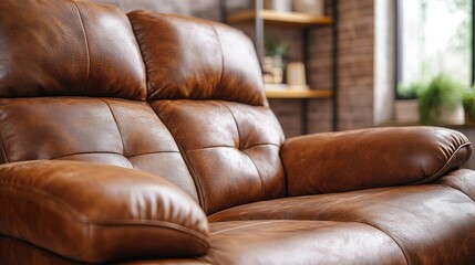 Poster - This brown leather recliner invites relaxation and comfort, featuring plush cushions and an inviting texture. Perfect for lounging in a well-designed living space, it harmonizes with decor