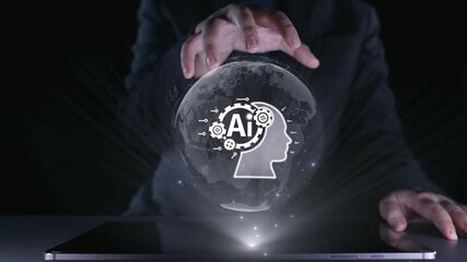 Poster - human interact with ai artificial intelligence brain processor in concept of ai artificial intellige