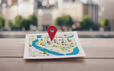 Poster - Map with Location Pin on Wooden Table shows location on map. City map with location pin indicates destination. Location map with pin