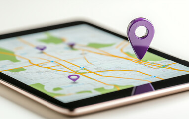 Poster - Map on Tablet with Location Pin. Digital map on tablet displaying location with purple location pin. Tablet showing map with location pin