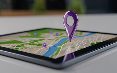 Poster - Map with location pin on tablet displaying city map. Location pin on map. Map on tablet