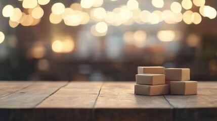 Wall Mural - Stacked Cardboard Boxes on Wooden Table, Night Background, Display,  Commerce