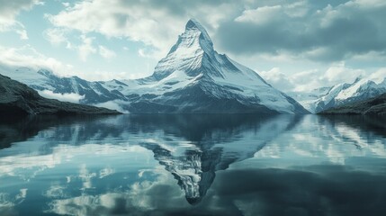 Poster - A breathtaking landscape captures the iconic Matterhorn, its majestic peak reflecting on tranquil waters. Soft clouds drift across a vast sky, enhancing the serene beauty of this pristine location