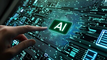 Aufkleber - Human hand placing AI processor onto motherboard with digital light effects, symbolizing artificial intelligence, innovation, data processing, and high-tech future, Generative AI