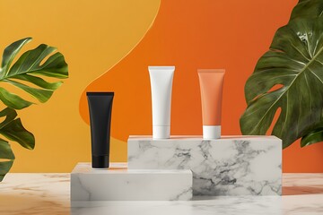 Wall Mural - Cosmetic Tubes Display on Marble Platform with Tropical Plants