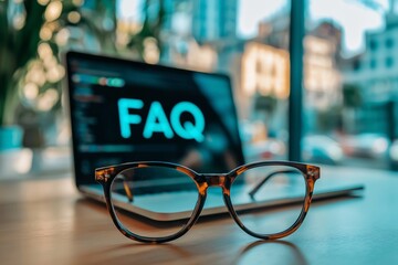 Poster - Eyeglasses on a wooden desk with a laptop displaying the word FAQ, symbolizing knowledge, online help, customer support, and digital assistance, Generative AI