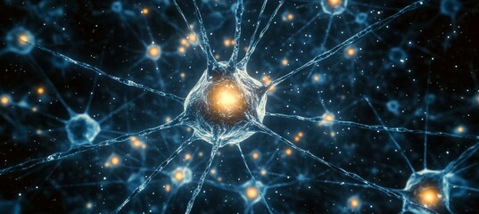 Poster - Blue Neural Network, Brain Cells, Synapses Firing, Abstract Scientific Background with Bokeh