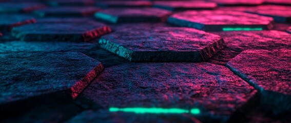 Aufkleber - A hexagon-shaped gaming background with a black vibey texture and green neon lighting Stock image