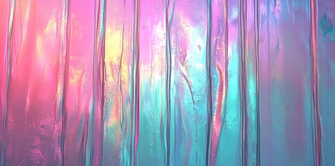 Poster - Modern blurry pearlescent unicorn foil abstract 3D rendering with a seamless trendy iridescent rainbow corrugated ribbed glass background texture and a soft pastel holographic frosted window