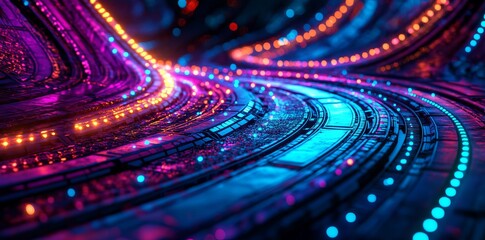 Poster - The flow of information in abstract cyberspace is facilitated by wireless data transmission and high-speed internet, with a 3D neural network illustration serving as a visual representation,