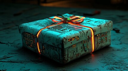 Poster - On a black background, a neon-lit, modern gift box with a tech circuit board design embodies the spirit of Cyber Monday, Black Friday, online shopping, and large-scale sales, ideal for holiday