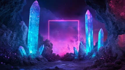 Aufkleber - an empty neon rectangle frame shines on a dark background, providing copy space and embodying the id