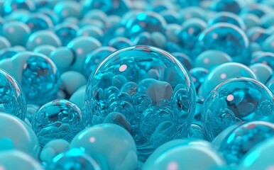 Aufkleber - a 3d rendering features blue glass spheres and abstract molecules positioned in front of a glass bac