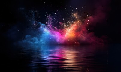 Colorful fireworks exploding in the night sky, vibrant reflections on the water below capturing the festive mood