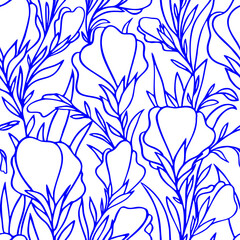 Wall Mural - simple two-tone seamless pattern of blue large contours of flowers on a white background, texture, design