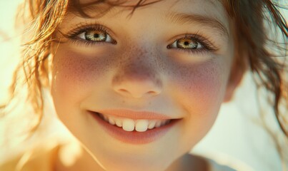 Wall Mural - Close-up of a smiling child with bright eyes and a joyful expression, their face glowing with natural light, radiating happiness and innocence.