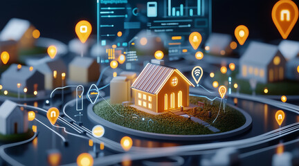 Poster - Franchise concept. Expansion Strategy Visualization and Franchise Business Growth, a futuristic 3D-rendered infographic showing a glowing digital roadmap of franchise locations expanding globally