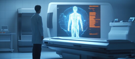 Poster - Medical professional analyzing holographic human body scan in futuristic lab