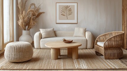 Aufkleber - Soft neutral tones create a warm atmosphere in this inviting living room. A contemporary couch and woven furniture surround a round wooden table, complemented by pampas grass decor