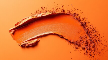 Poster - A bold orange cosmetic product is artfully smudged across a smooth, textured surface, showcasing its vivid hue and creamy consistency, perfect for creative beauty applications