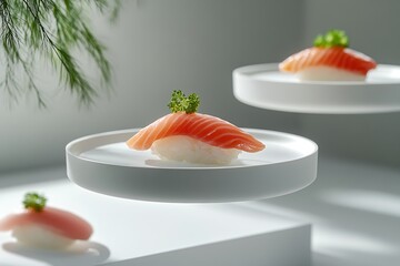 Wall Mural - Floating Salmon Sushi - Exquisite Japanese Cuisine