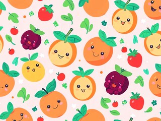 Wall Mural - Cute Fruits Pattern: A Delightful Seamless Design Featuring Kawaii Apricots, Tomatoes, and Blackberries