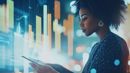 Poster - African American woman analyzing data on a tablet with data charts