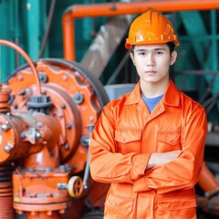 Poster - a young worker in an orange jumpsuit and helmet stands confidently in an industrial setting, surroun
