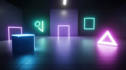 Poster - Abstract Neon Geometric Shapes in a Dark Room Modern Futuristic Design