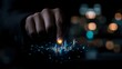 © Undersea - Glowing futuristic city hologram projected from hand with blue light effects and bokeh background, showing advanced technology visualization concept.