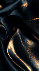 Poster - Close-up of black satin fabric with shimmering golden particles scattered across, creating an elegant texture with smooth folds and luxurious feel.