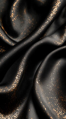 Poster - Close-up of elegant black satin fabric with golden shimmer spots, showcasing soft folds and luxurious texture, ideal for background or fashion concepts.