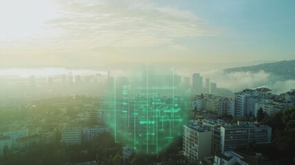 Poster - Futuristic Cityscape with Holographic Data Overlay in Misty Ambiance