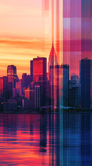 Poster - City skyline of New York with artistic abstract lines in vibrant colors of red, orange, and blue, symbolizing energy, modernity, and dynamic urban life.