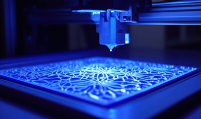 Close-up of a 3D printer in action, glowing blue light highlighting the intricate design being printed, advanced technology