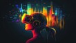 © YuliaLyubimova - Silhouette of a woman in a VR headset with a digital cityscape above her head, cyberpunk style.