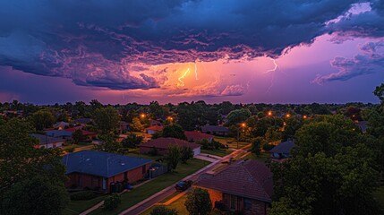 Aufkleber - An electrifying storm unfolds as powerful bolts of lightning illuminate the night sky, creating a dramatic contrast against dark clouds. Suburban homes bask in the glow of nature's spectacle