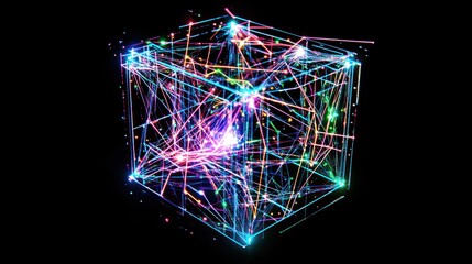 Poster - Abstract glowing cube with colorful lines and particles on black background