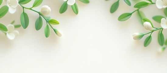 Wall Mural - Delicate white flowers and green leaves frame a bright background